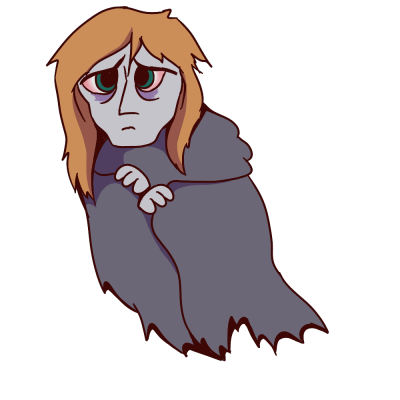 an AAC symbol of a sad bean-síghe. she has a gaunt face, gray skin, red eyes from crying, muted orange hair, and wraps a tattered gray cloak around her shoulders.